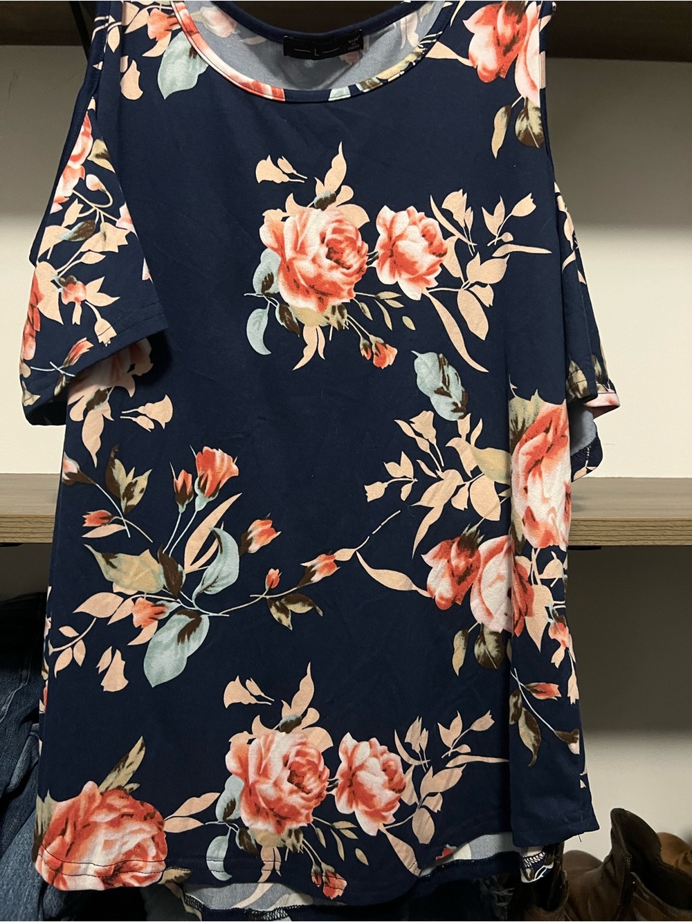 Floral Cold-Shoulder Women’s Top - Navy with Coral Roses
